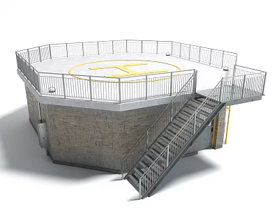 Public Facility Circular Platform With Metal Railings Stone Walls Staircase And Yellow Symbol 3d model