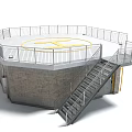 Public Facility Circular Platform With Metal Railings Stone Walls Staircase And Yellow Symbol