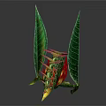 Cartoon Scene Featuring a Fantasy Creature with Green Leaf Wings and Red Yellow Patterns