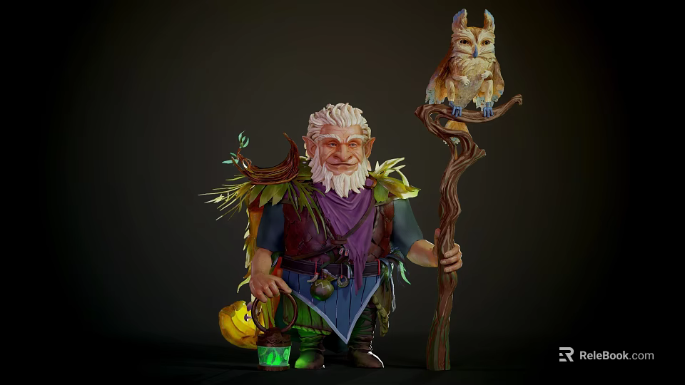 Man with White Hair Beard Holding Staff with Owl Leaf Decorations and Green Glowing Object 3d model 