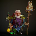 Man with White Hair Beard Holding Staff with Owl Leaf Decorations and Green Glowing Object