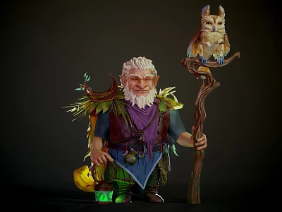 Man with White Hair Beard Holding Staff with Owl Leaf Decorations and Green Glowing Object 3d model