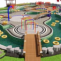 Vibrant Children's Play Area With Play Structures Water Features And Pavilions On Green Lawn