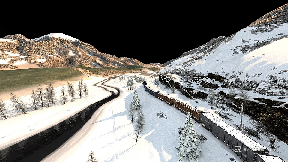 Scenic Snowy Mountain Valley With Winding Train Tracks And Pine Trees 3d model 