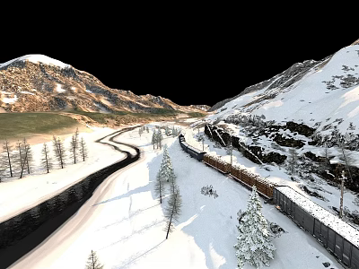 Scenic Snowy Mountain Valley With Winding Train Tracks And Pine Trees 3d model