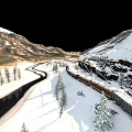 Scenic Snowy Mountain Valley With Winding Train Tracks And Pine Trees