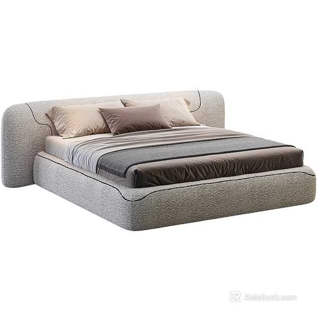 Modern Upholstered Double Bed with Soft Pillows and Neutral Tones Bedding 3d model 