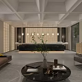 Modern Hotel Lobby Design Featuring Grid Ceiling Large Windows Sofa And Green Plants 3d model