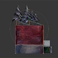 Cartoon Scene Red Brick Building With Arched Windows Roof Pine Trees Staircase And Blue Box