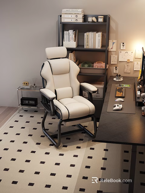 White Leather Office Chair With Black Stitching For Modern Home Office Workspace 3d model 