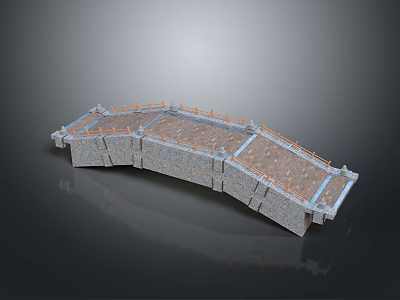 Traditional Stone Arch Bridge Structure With Wooden Railings And Brick Pavement 3d model