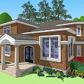 Two Story Detached Brick Villa With White Trim Front Porch And Green Lawn
