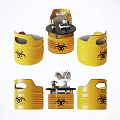 Yellow Barrel Shaped Chairs And Black Table Set With Biohazard Symbols And Decorative Items