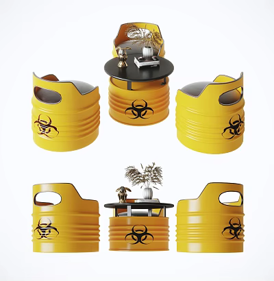 Yellow Barrel Shaped Chairs And Black Table Set With Biohazard Symbols And Decorative Items 3d model