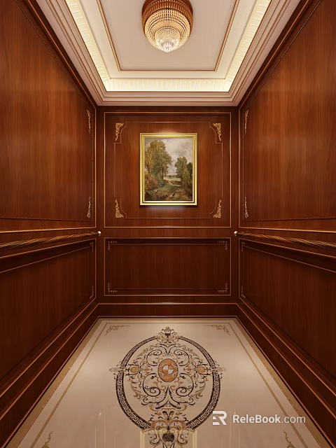 Elevator Interior With Wooden Panel Walls Golden Trim And Landscape Painting 3d model 