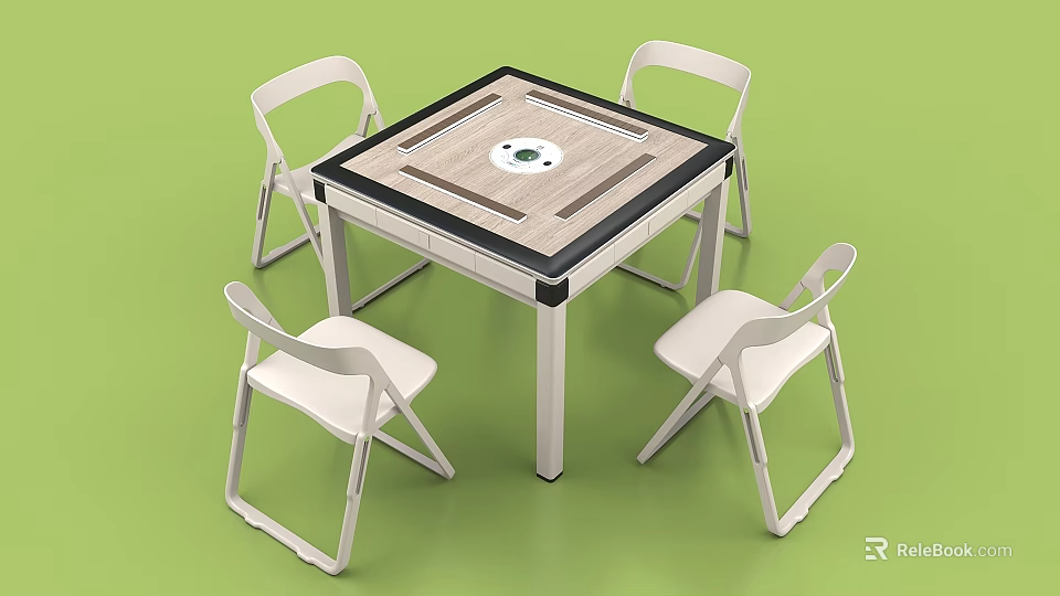 Square Wooden Table With Four White Chairs And Circular Center Pattern Simple Design 3d model 