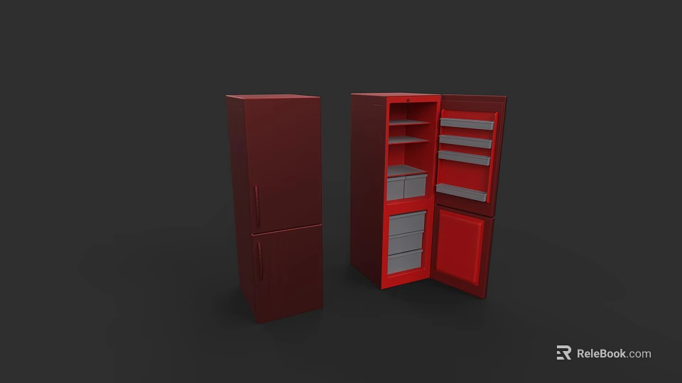 Red Refrigerator Freezer with Open Door Showing Shelves and Drawers 3d model 