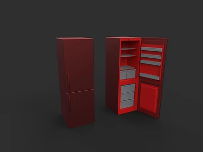 Red Refrigerator Freezer with Open Door Showing Shelves and Drawers 3d model