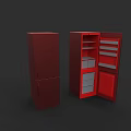 Red Refrigerator Freezer with Open Door Showing Shelves and Drawers