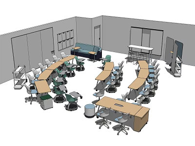 Modern Conference Room With Multiple Curved Meeting Tables And Comfortable Chairs 3d model
