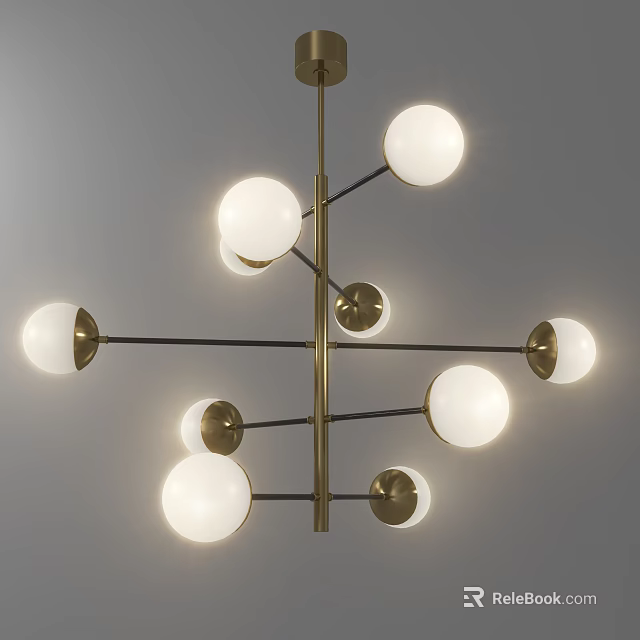 Modern Brass Chandelier with Illuminated Spherical Bulbs and Metal Frame 3d model 