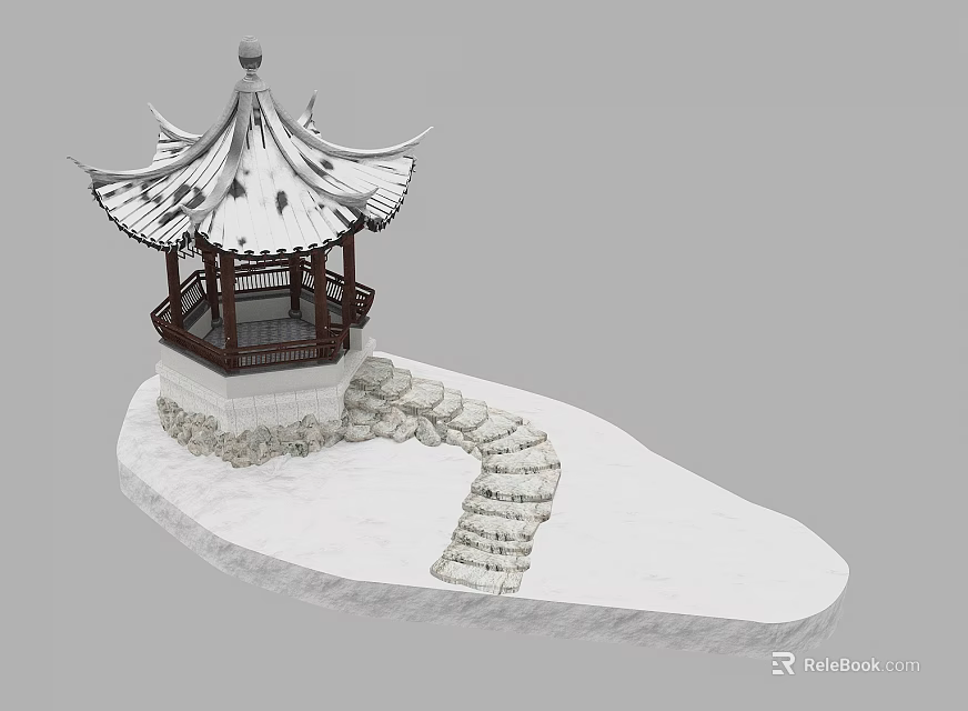 Ancient Chinese Pavilion With Ornate Eaves Snow Covered Roof And Stone Path 3d model 
