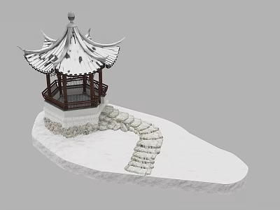 Ancient Chinese Pavilion With Ornate Eaves Snow Covered Roof And Stone Path 3d model