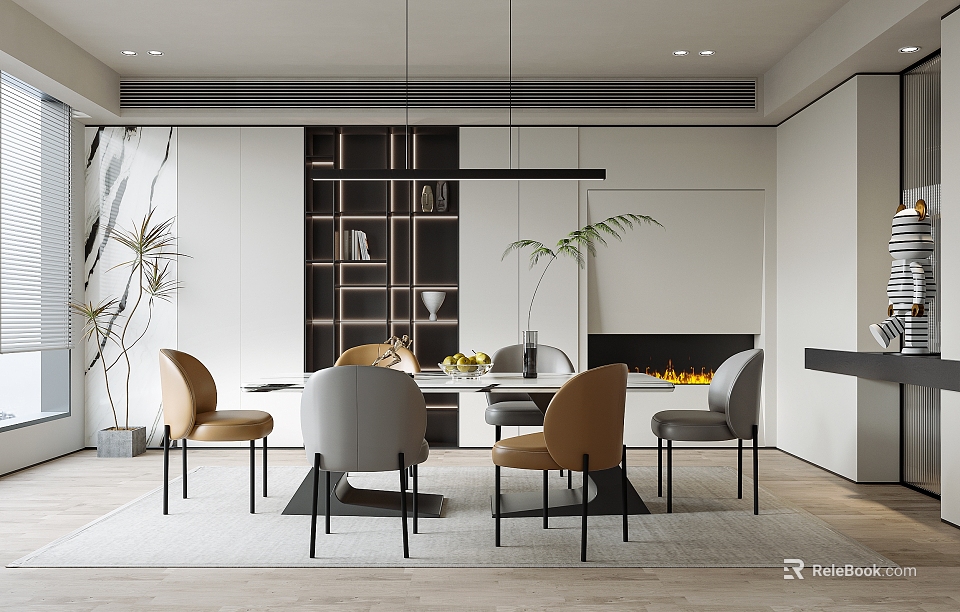 Elegant Modern Restaurant Interior With Dining Table Mixed Chairs Pendant Lights Fireplace And Plants 3d model 