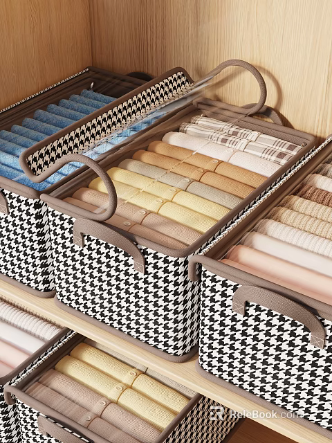 Houndstooth Pattern Storage Baskets With Neatly Folded Towels In Various Colors On Wooden Shelf 3d model 