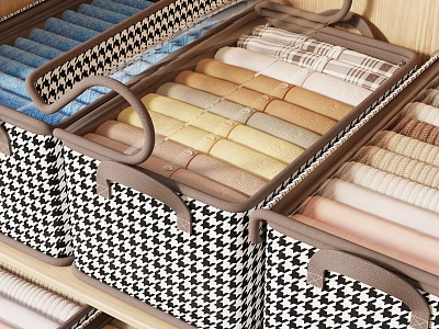 Houndstooth Pattern Storage Baskets With Neatly Folded Towels In Various Colors On Wooden Shelf 3d model