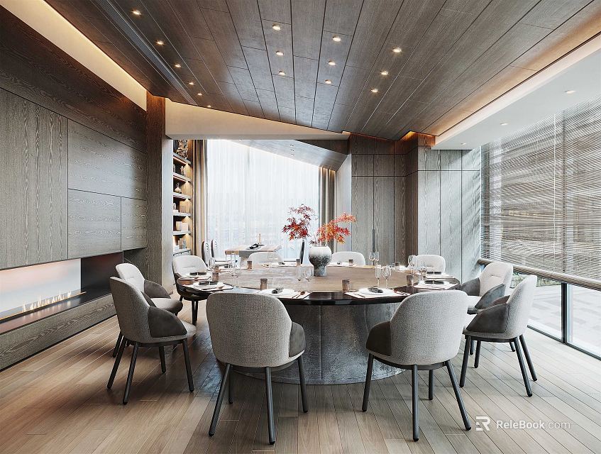 Elegant Modern Private Dining Room With Wooden Elements Round Table Flowers And Windows 3d model 
