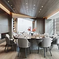 Elegant Modern Private Dining Room With Wooden Elements Round Table Flowers And Windows