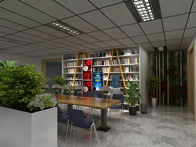 Cozy Modern Lounge Area With Bookshelves Wooden Table And Green Plants 3d model