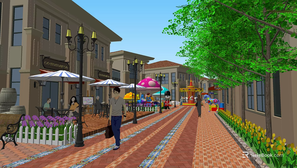 Vibrant Commercial Street With Pedestrians Lamp Posts Café Umbrellas Flower Beds And Trees 3d model 