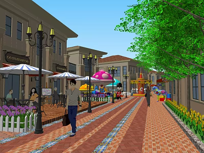Vibrant Commercial Street With Pedestrians Lamp Posts Café Umbrellas Flower Beds And Trees 3d model