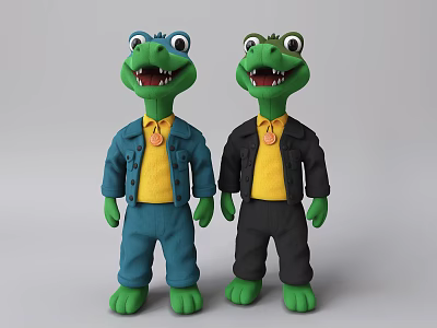 Green Plush Crocodile Dolls with Blue Black Jackets Yellow Shirts and Pendants on Gray Background 3d model