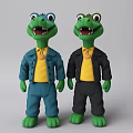 Green Plush Crocodile Dolls with Blue Black Jackets Yellow Shirts and Pendants on Gray Background