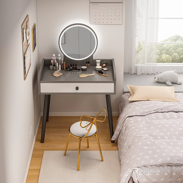 Modern Bedroom Dressing Table With Lighted Round Mirror Cosmetics And Gold Stool 3d model