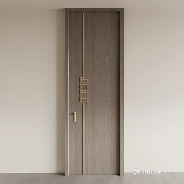 Modern Wooden Swing Door With Brass Decorative Strip And Simple Handle Design 3d model 