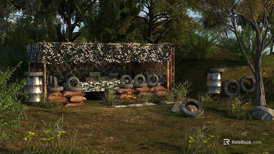 Natural Outdoor Scenery With Camouflage Shelter Sandbags Tires Metal Barrels Trees And Grassland 3d model 