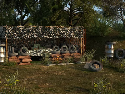 Natural Outdoor Scenery With Camouflage Shelter Sandbags Tires Metal Barrels Trees And Grassland 3d model