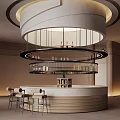 Modern Sales Office Interior With Circular Chandelier Bar Counter High Stools And Display Shelves