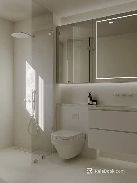 Modern White Bathroom Interior With Vanity Mirror Toilet Cabinets And Lighting 3d model 
