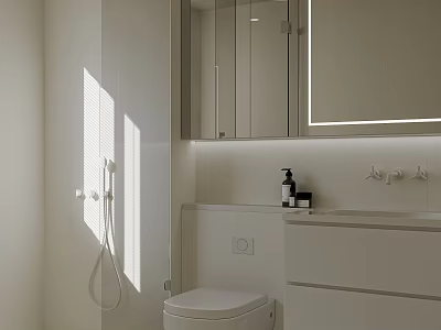 Modern White Bathroom Interior With Vanity Mirror Toilet Cabinets And Lighting 3d model