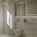 Modern White Bathroom Interior With Vanity Mirror Toilet Cabinets And Lighting