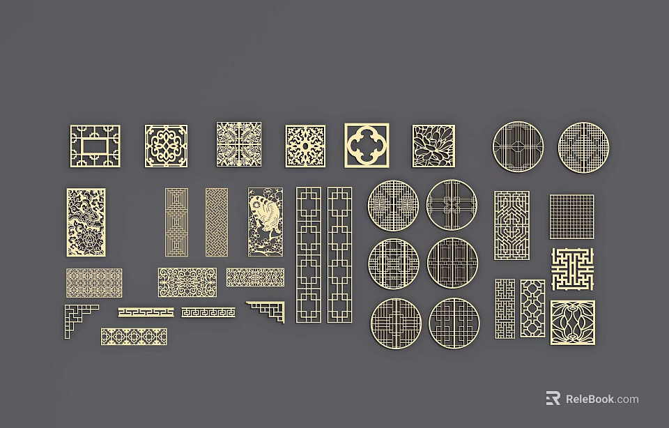 Lattice Windows With Various Traditional Carved Patterns And Geometric Design Elements 3d model 