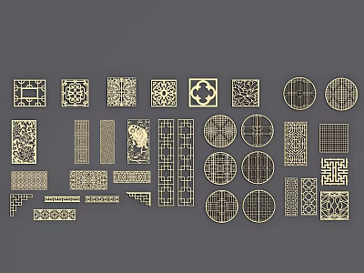 Lattice Windows With Various Traditional Carved Patterns And Geometric Design Elements 3d model