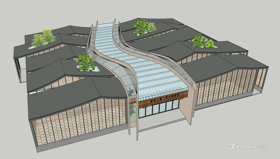 Modern Traditional Building Exterior With Curved Glass Roof Gray Tiled Roofs And Trees On Roof 3d model 