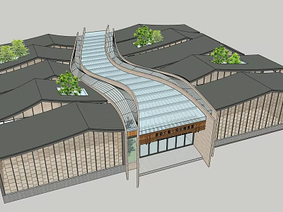 Modern Traditional Building Exterior With Curved Glass Roof Gray Tiled Roofs And Trees On Roof 3d model