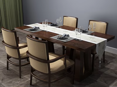 Wooden Dining Table Set With Beige Chairs White Table Runner Tableware And Wine Glasses 3d model